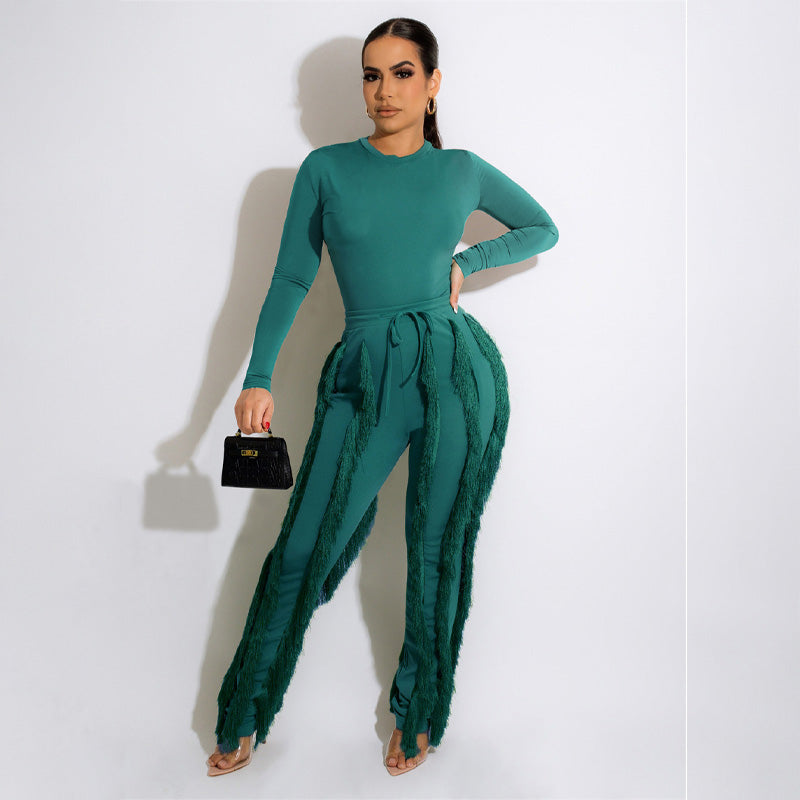 Women 2 Piece Casual Long Sleeve High Waist Tassel Fringe Outfits Jumpsuit Set