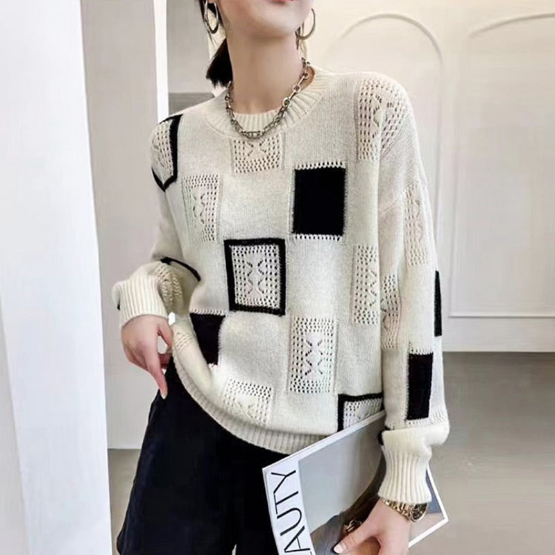 Women's Color Block Plaid Print Knitted Pullover Sweaters