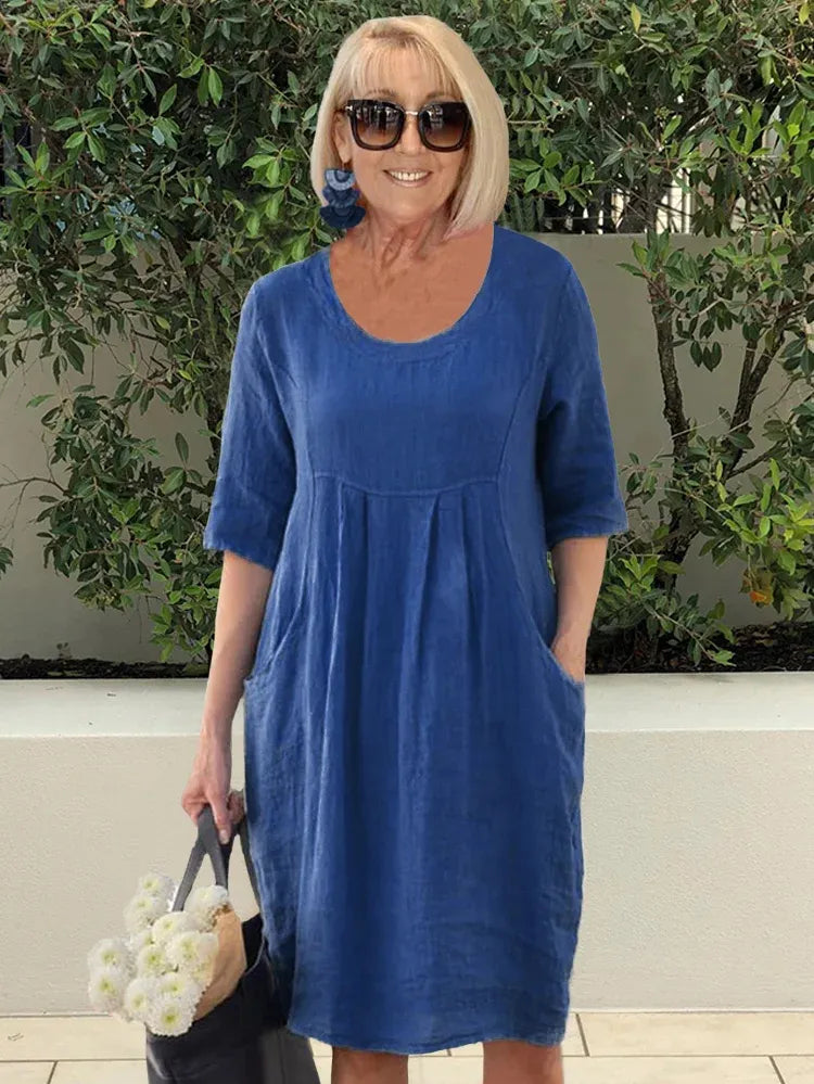 🔥2024 Hot Sale💃Solid Color Cotton Linen Pockets Tunic Midi Dress