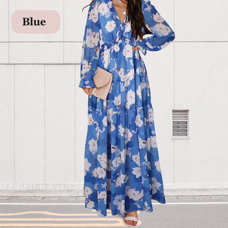 Women's Floral V-Neck Long Sleeve Flowy Dress
