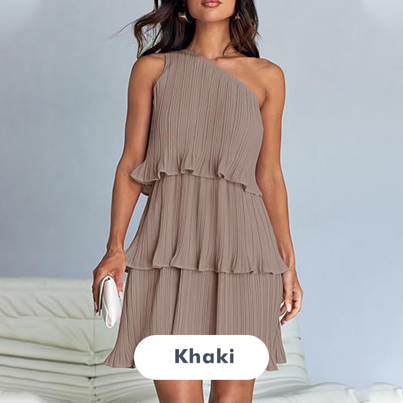 Women's One Shoulder Ruffle Tiered Layered Flowy A Line Dress