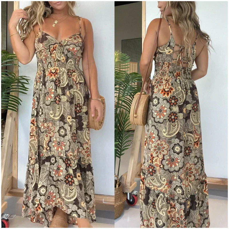 đ¸Womenâs Sexy Spaghetti Strap Floral Print Long Dress