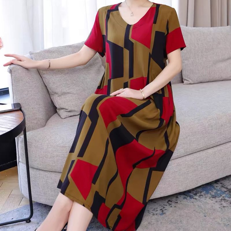 Women’s Oversized Stylish Print Short-sleeve Dress with Pockets