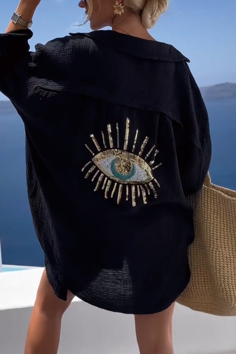 Evil Eye Casual Sequin Beaded Shirtš„°