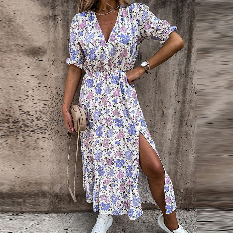 🔥🌸2024 New Elegant Plus Size Dress With V-neckline Floral Pattern High Waist And Slit
