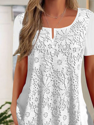 Women's V Neck Lace Short Sleeve Casual Shirt