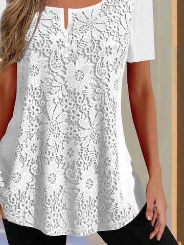 Women's V Neck Lace Short Sleeve Casual Shirt