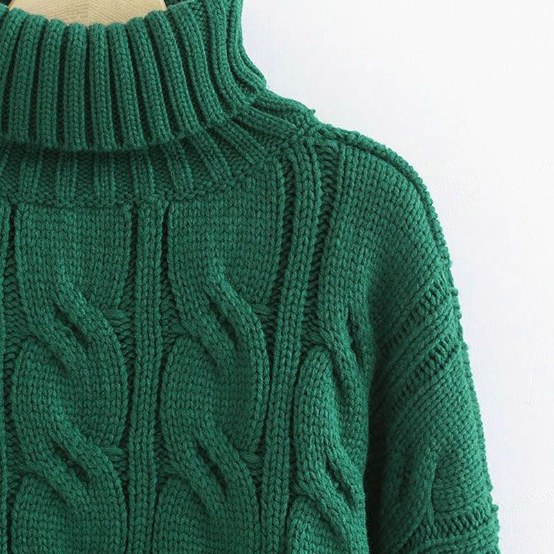 Lady’s Turtleneck Braid Knit Crop Sweater Green - Great Gift