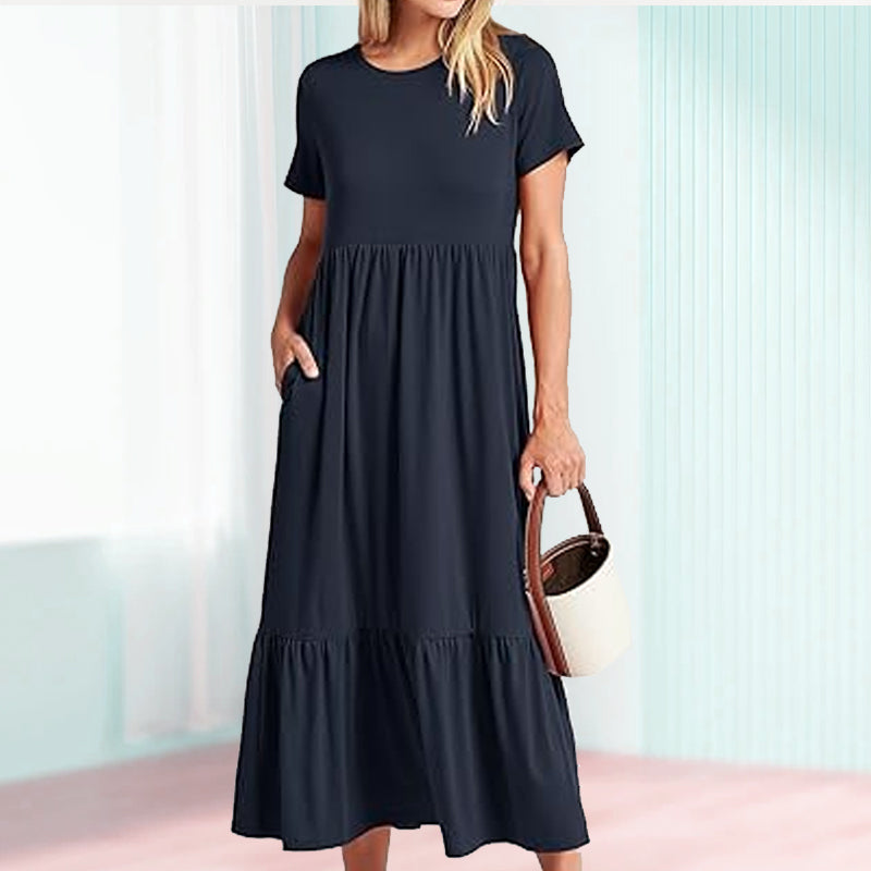 Women's Round Neck Pleated Solid Colour Dress