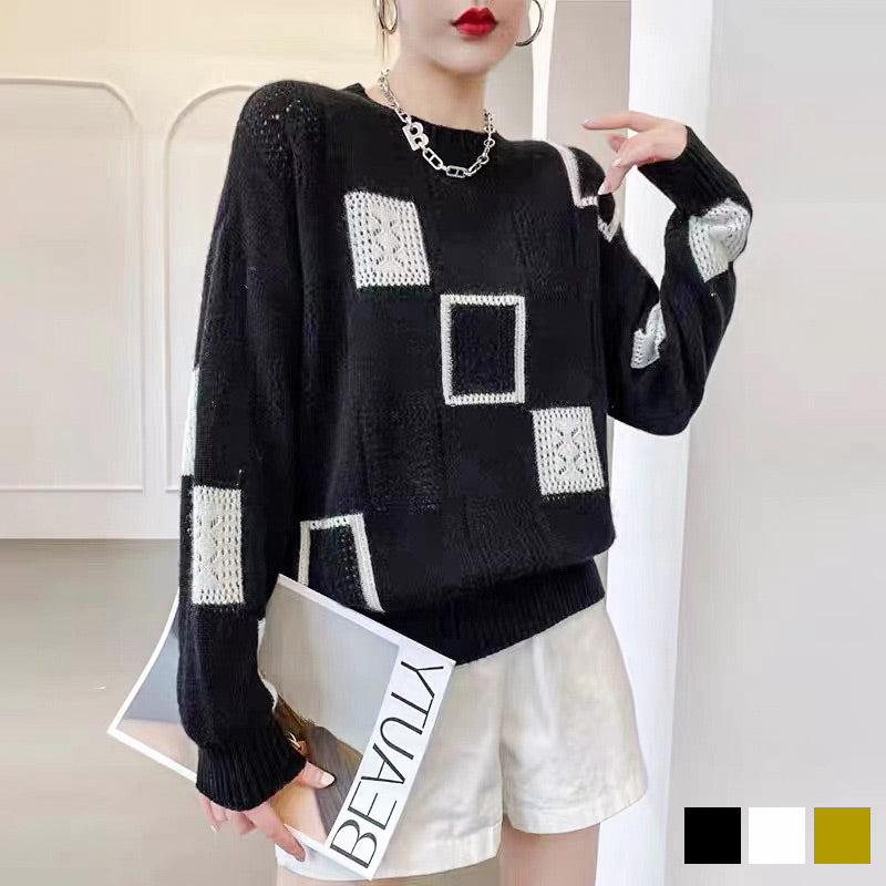 Women's Color Block Plaid Print Knitted Pullover Sweaters