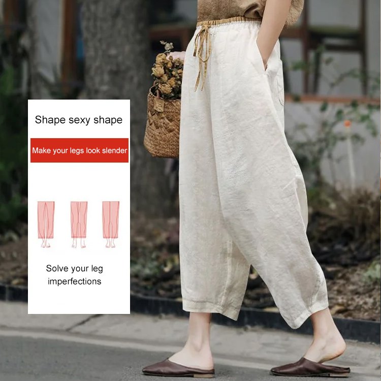 Vintage Cotton And Linen Elastic Waist Casual Trousers For Woman