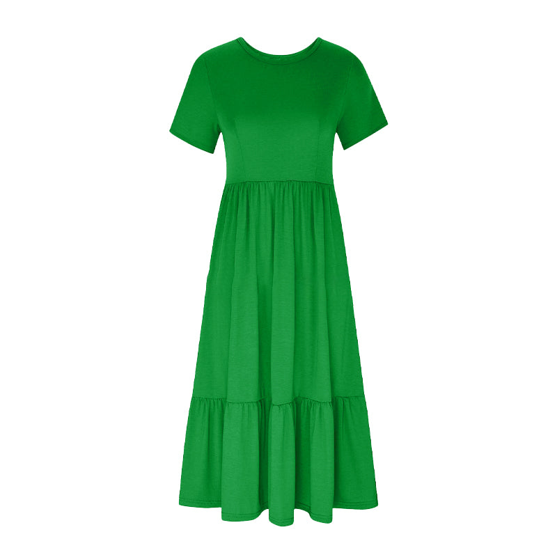 Women's Round Neck Pleated Solid Colour Dress