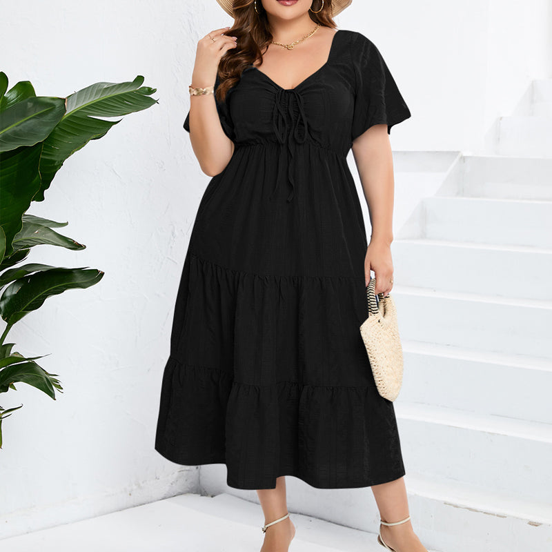 Women's Drawstring Pocket Ruffle Tiered Dress