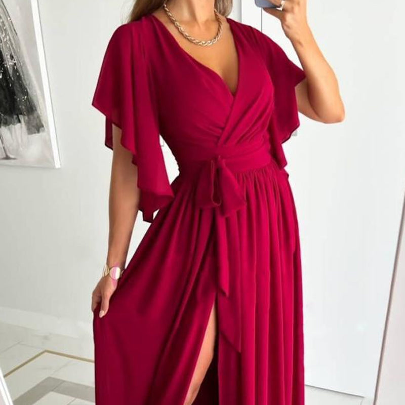 Women's Ruffle Sleeve Surplice Neck High Split Dress With Belt