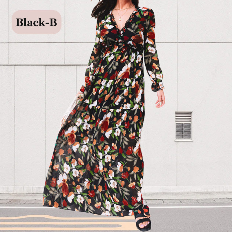 Women's Floral V-Neck Long Sleeve Flowy Dress