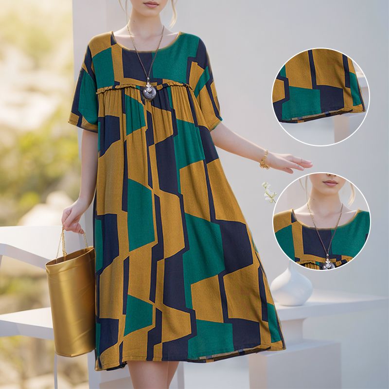 Women’s Oversized Stylish Print Short-sleeve Dress with Pockets