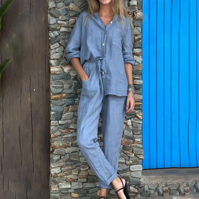 Casual Solid Color V-Neck Shirt & Pants Cotton Linen Two-Piece Set