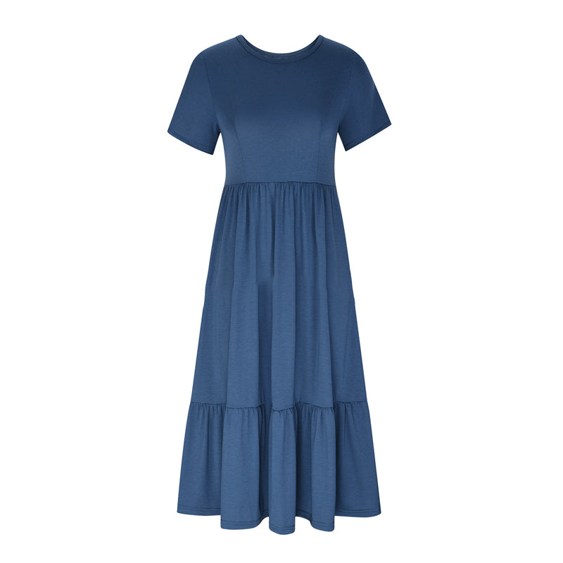 Women's Round Neck Pleated Solid Colour Dress