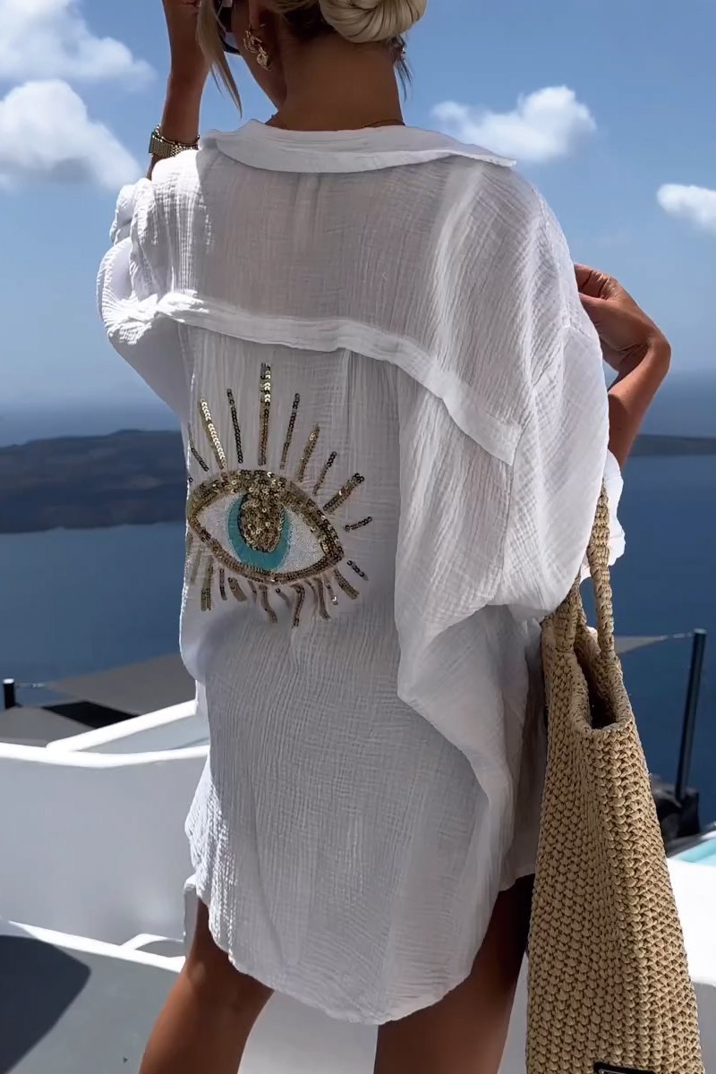 Evil Eye Casual Sequin Beaded Shirtš„°