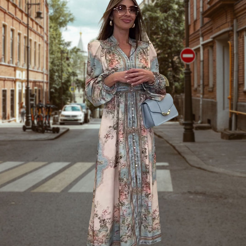 Elegant V-Neck High Waist Buttoned Floral Dress