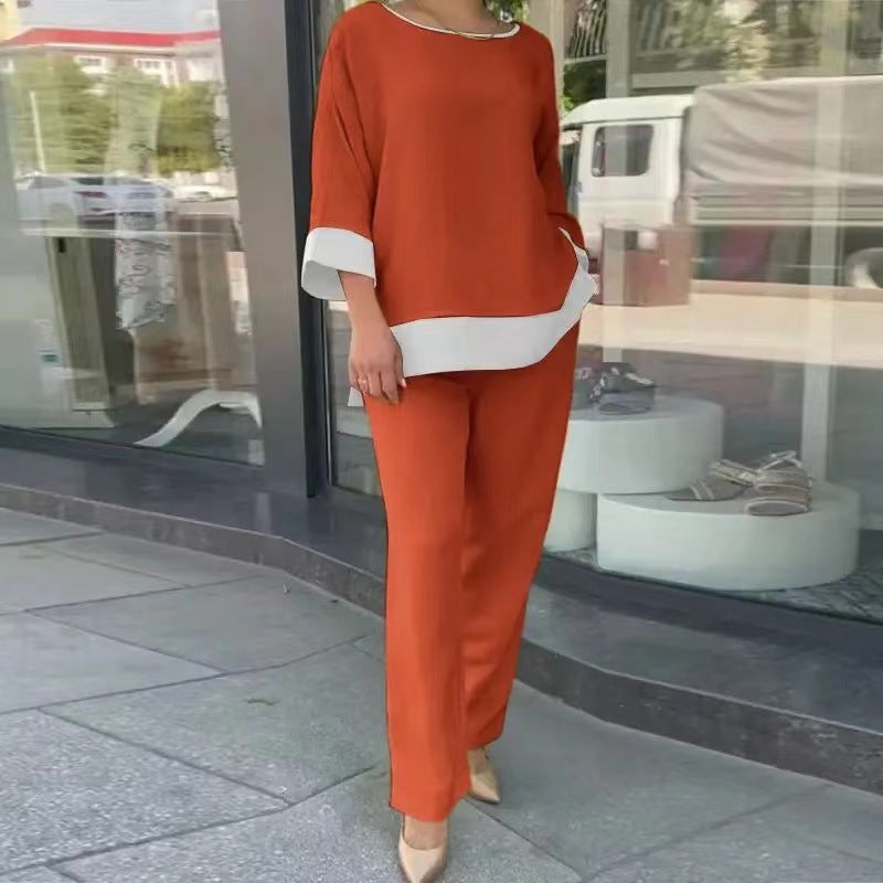 Elegant Long-sleeved Round-neck Trouser Set With Straight Legs