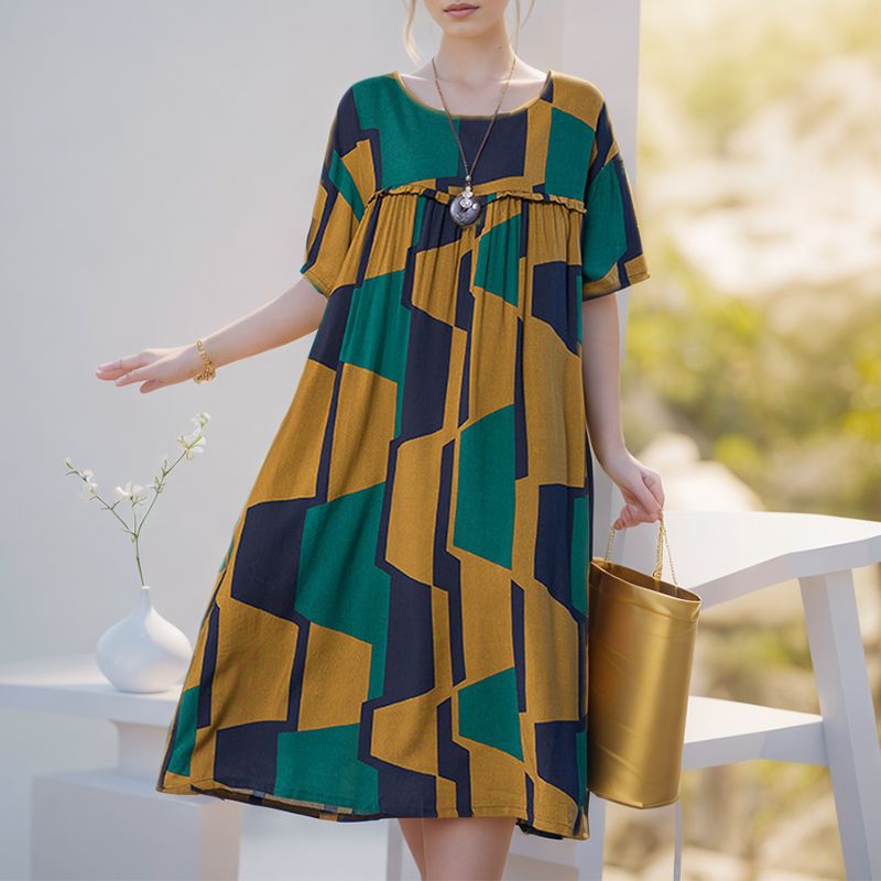 Women’s Oversized Stylish Print Short-sleeve Dress with Pockets