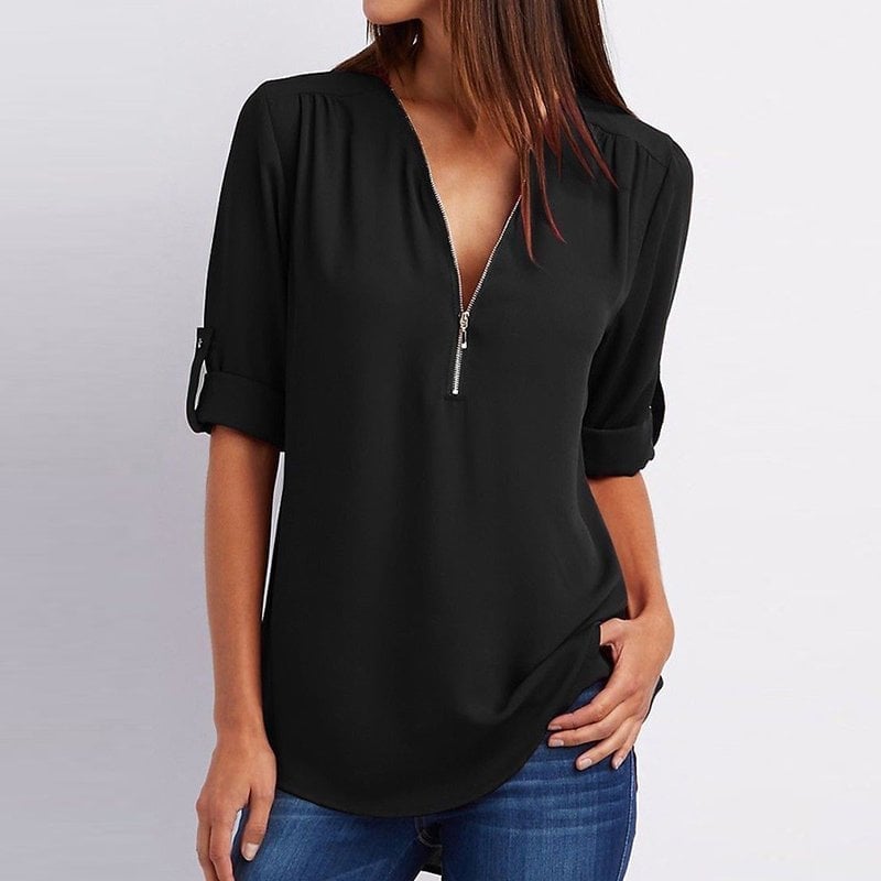 🔥2024 Summer New Arrivals🎉Plus Size Loose 3/4 Sleeve Zipper Blouse