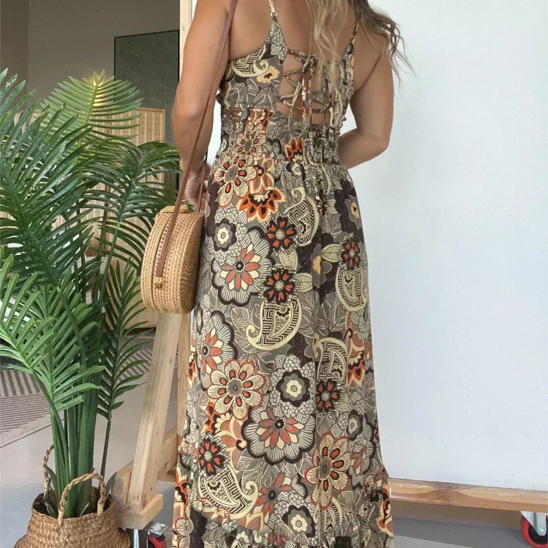 đ¸Womenâs Sexy Spaghetti Strap Floral Print Long Dress