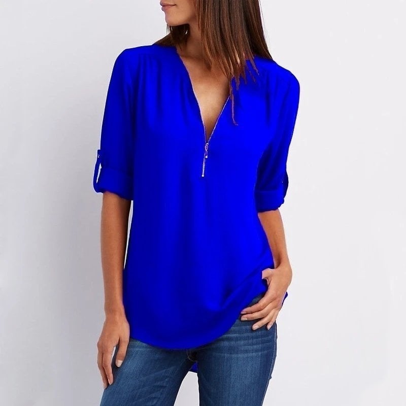 🔥2024 Summer New Arrivals🎉Plus Size Loose 3/4 Sleeve Zipper Blouse