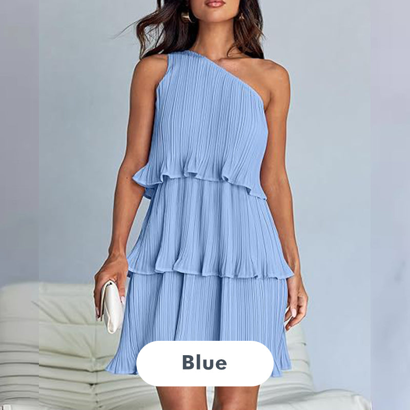 Women's One Shoulder Ruffle Tiered Layered Flowy A Line Dress
