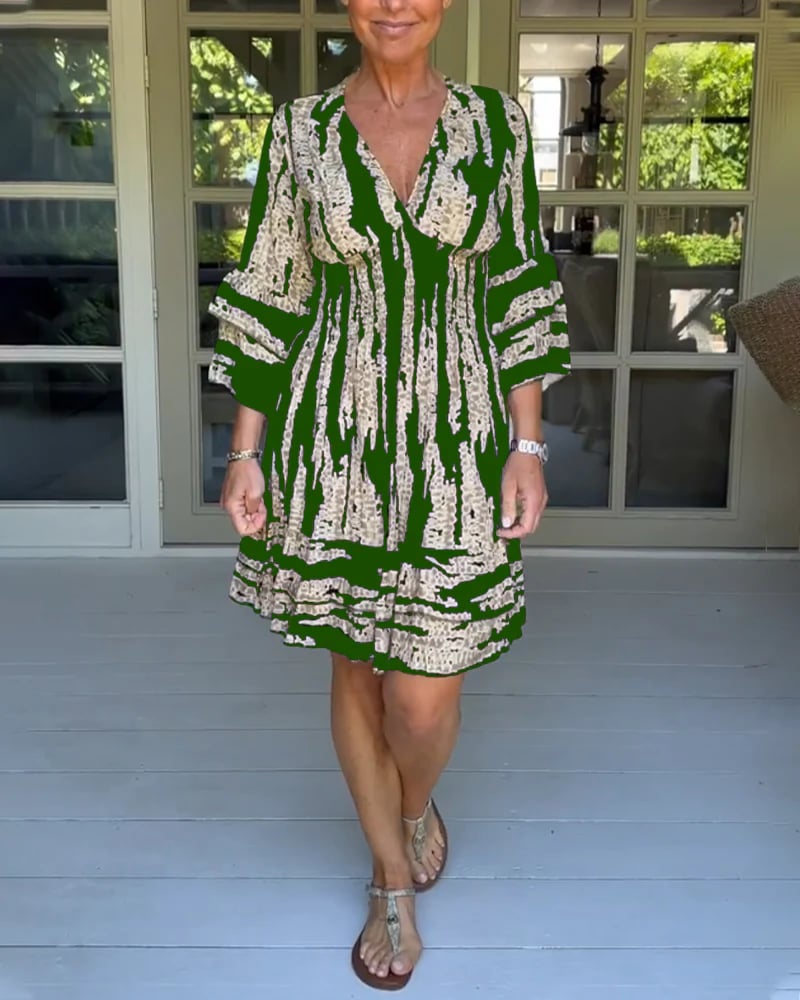 V-neck Dress With Three-quarter Sleeves
