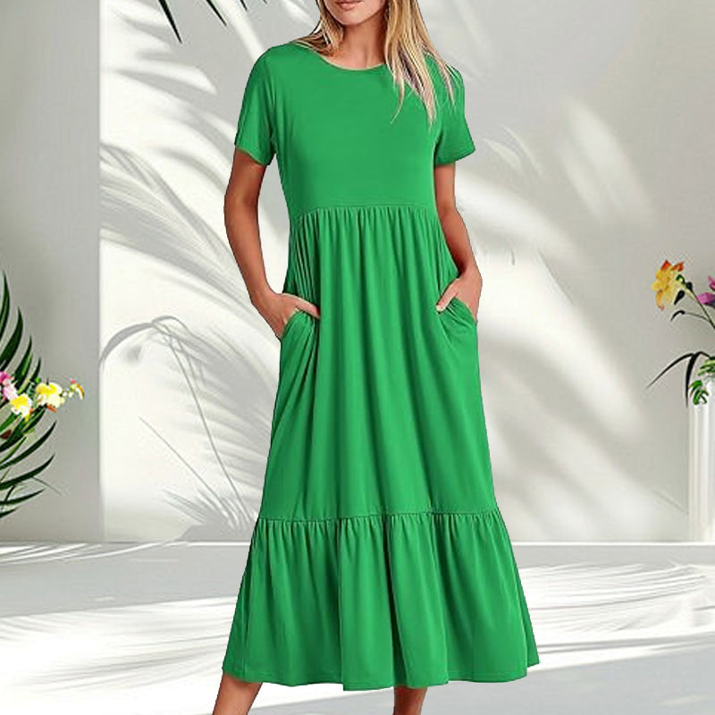 Women's Round Neck Pleated Solid Colour Dress