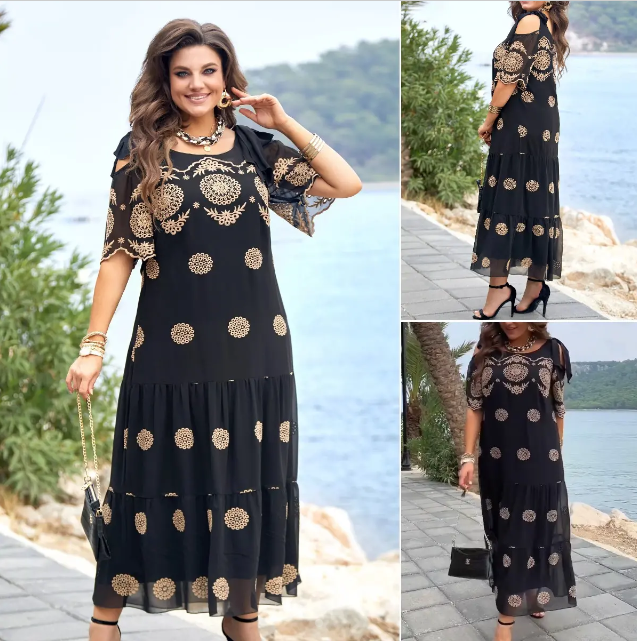 【S-4XL】🥰 Summer Hollow Dress Short Sleeve Loose Printed Long Skirt