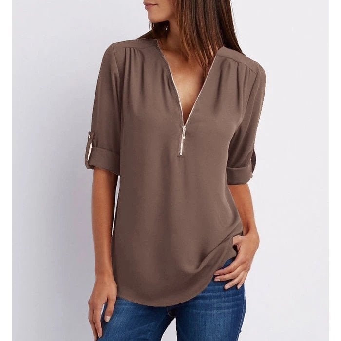 🔥2024 Summer New Arrivals🎉Plus Size Loose 3/4 Sleeve Zipper Blouse