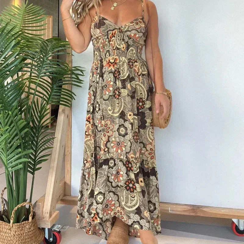 đ¸Womenâs Sexy Spaghetti Strap Floral Print Long Dress