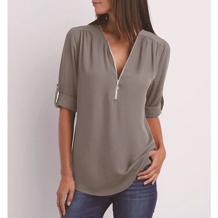 🔥2024 Summer New Arrivals🎉Plus Size Loose 3/4 Sleeve Zipper Blouse