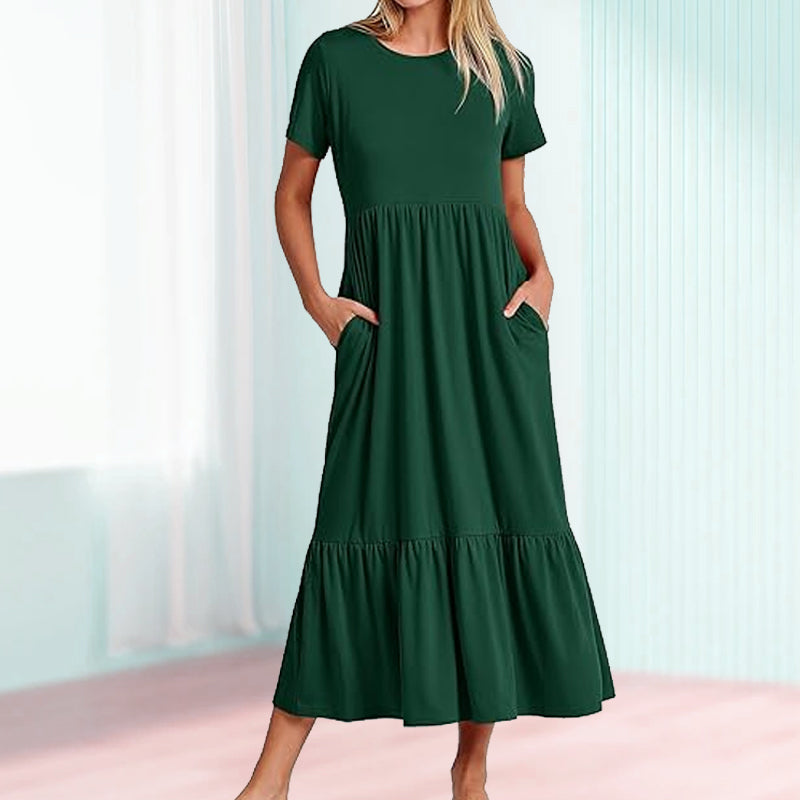 Women's Round Neck Pleated Solid Colour Dress