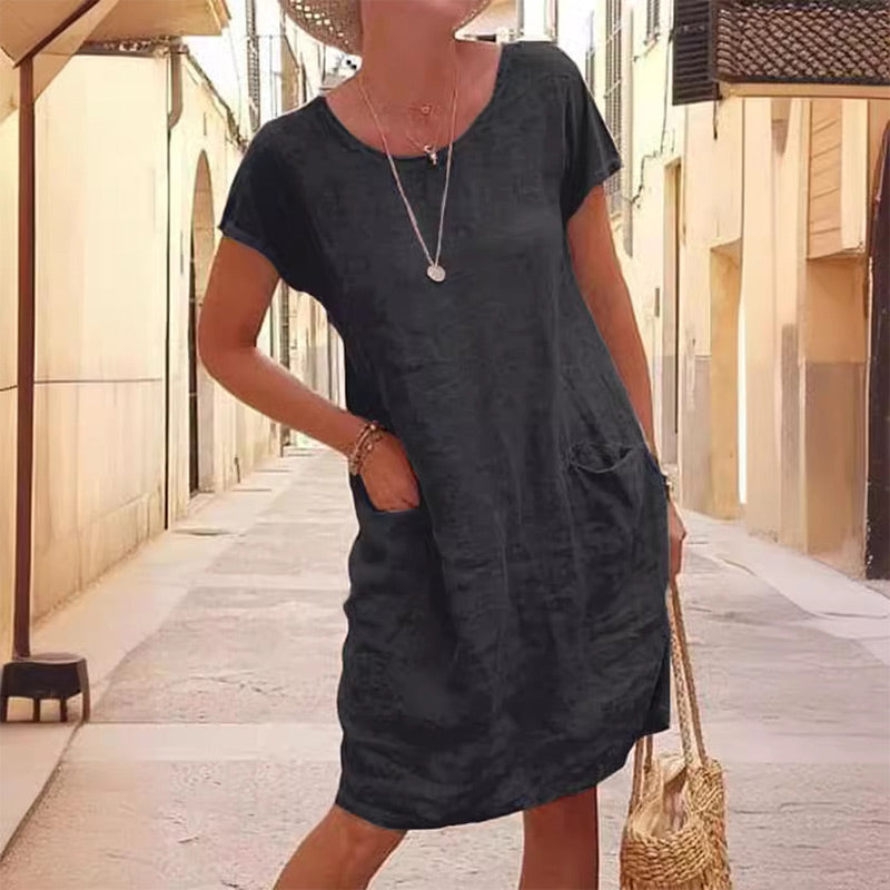 Women's Cotton and Linen Round Neck Dress