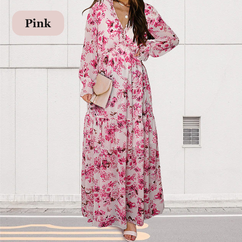Women's Floral V-Neck Long Sleeve Flowy Dress