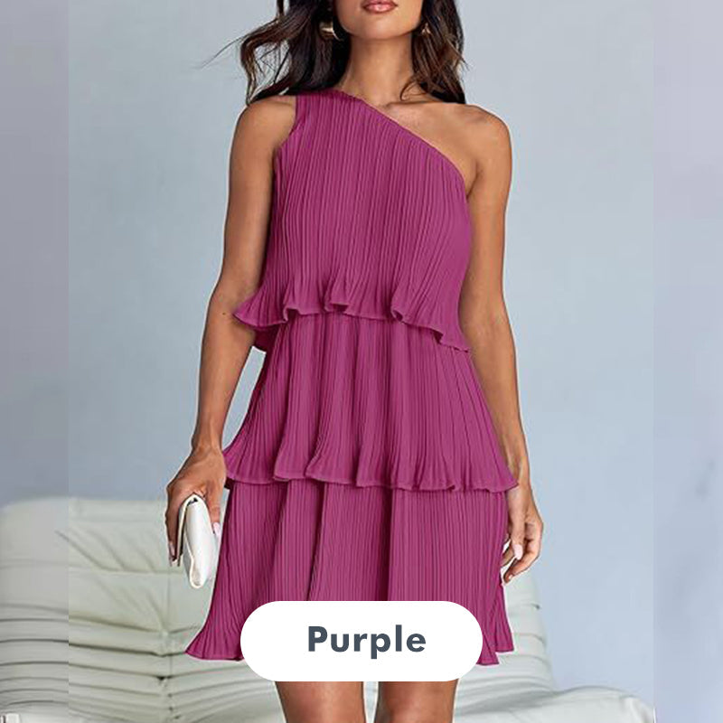 Women's One Shoulder Ruffle Tiered Layered Flowy A Line Dress
