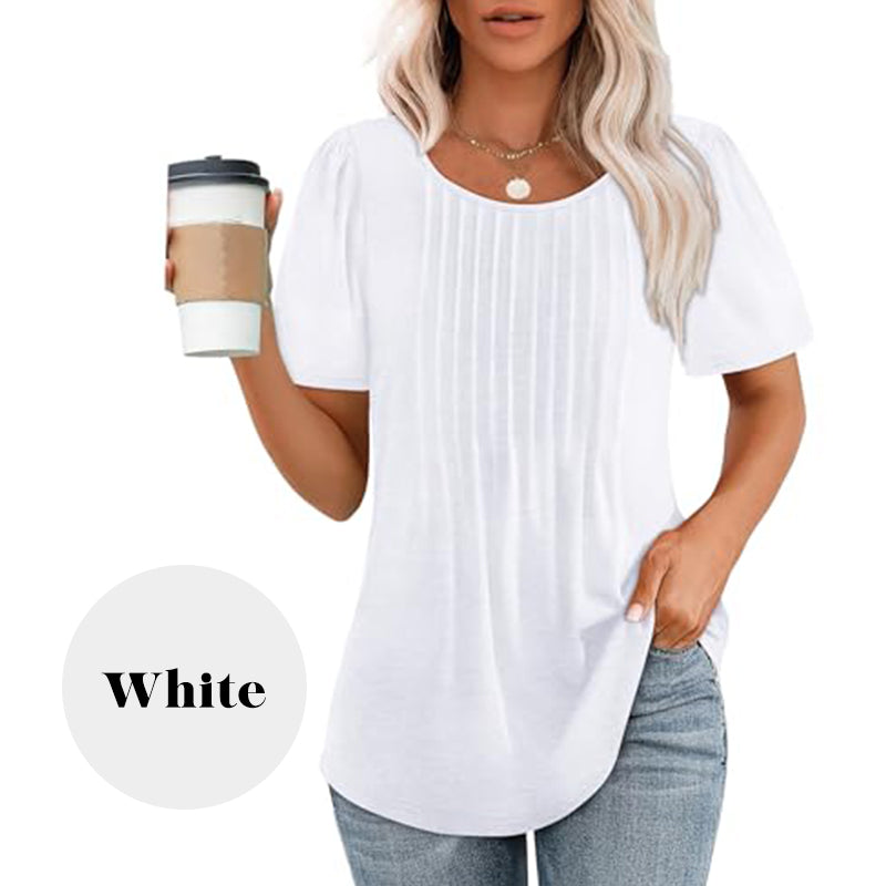 Women's Summer Round Neck Short Sleeve Pleated T-Shirt