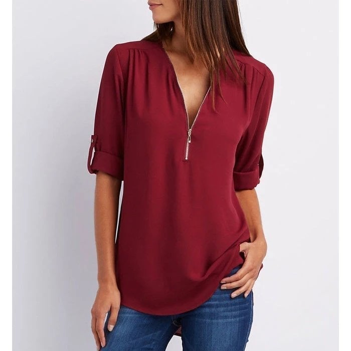 🔥2024 Summer New Arrivals🎉Plus Size Loose 3/4 Sleeve Zipper Blouse