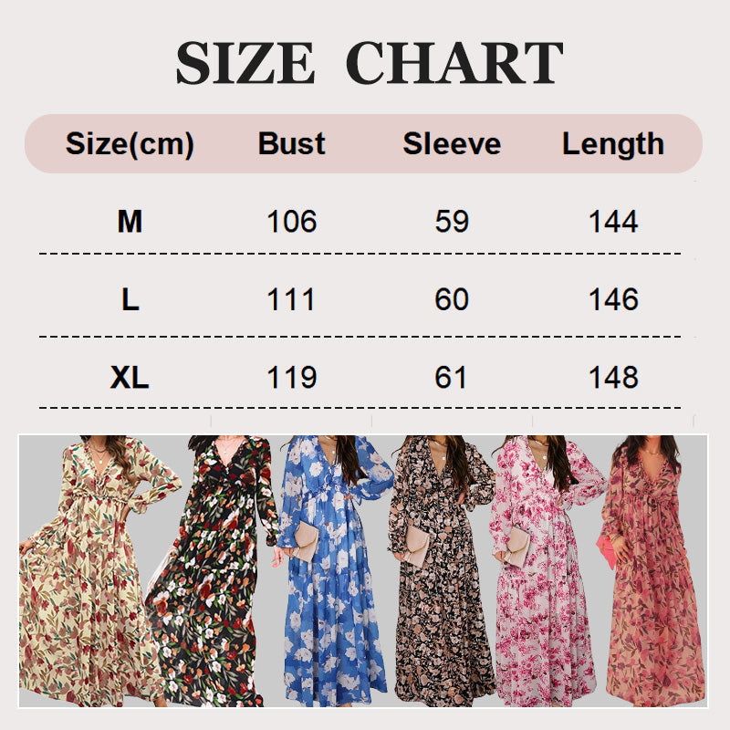 Women's Floral V-Neck Long Sleeve Flowy Dress