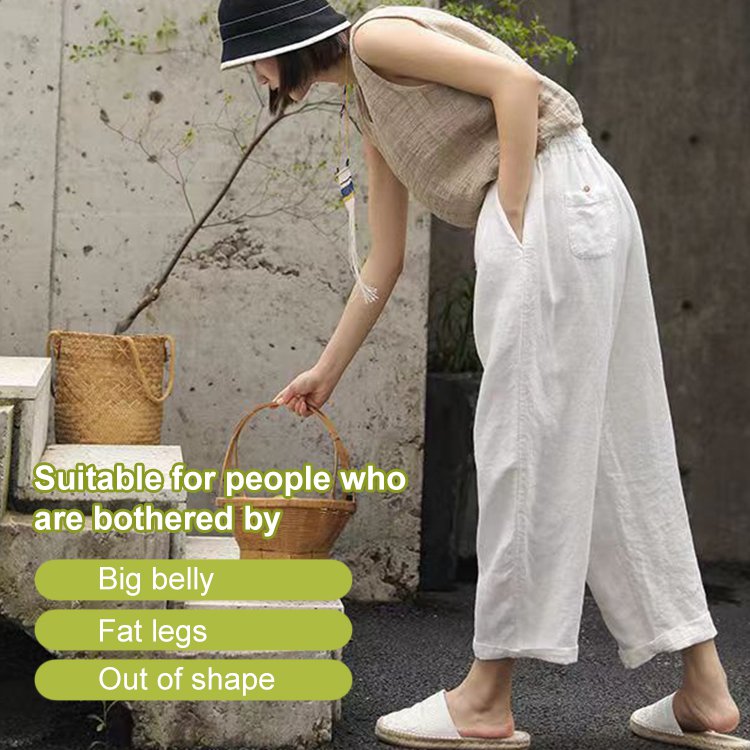 Vintage Cotton And Linen Elastic Waist Casual Trousers For Woman