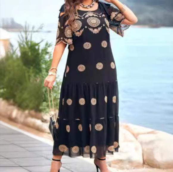 【S-4XL】🥰 Summer Hollow Dress Short Sleeve Loose Printed Long Skirt