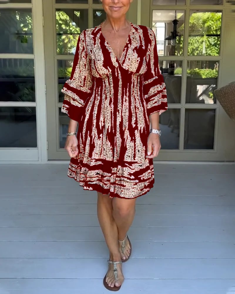 V-neck Dress With Three-quarter Sleeves