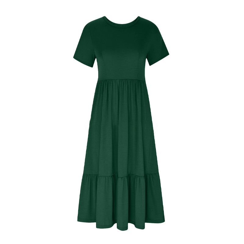 Women's Round Neck Pleated Solid Colour Dress