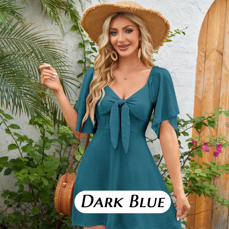 Elegant Deep V Neck Bow-Tie Mini Dress-Very Good Elasticity~