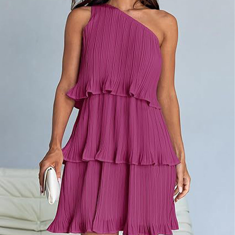 Women's One Shoulder Ruffle Tiered Layered Flowy A Line Dress