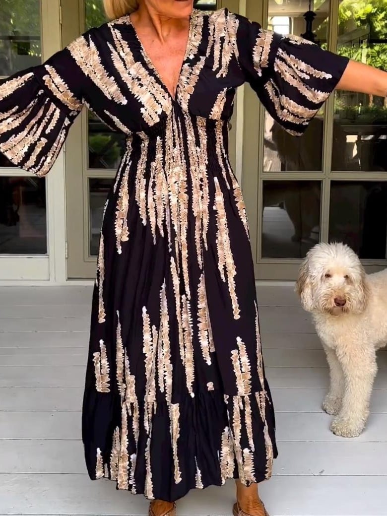 👗Casual Print V-Neck Waist Wrap Long Dress